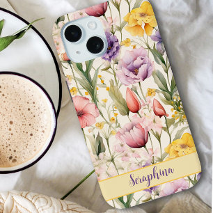 Coque Pour iPhone 15 Aquarelle Floral Jaune Rose Purple Nom personnalis