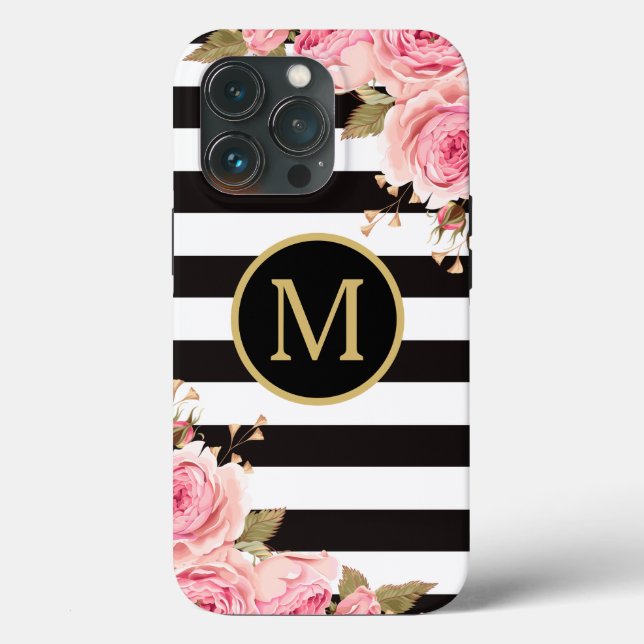 Coques Case-Mate iPhone Aquarelle Florale Bandes noir et blanc Monogramme (Verso)