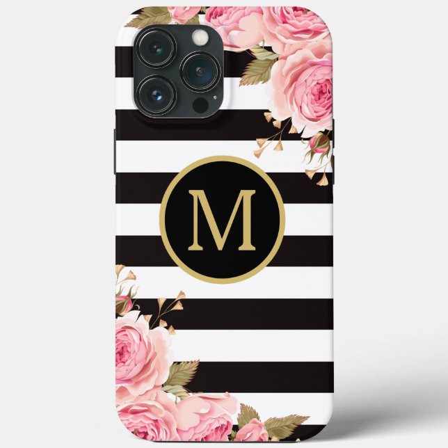 Coques Case-Mate iPhone Aquarelle Florale Bandes noir et blanc Monogramme (Verso)