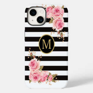Coque Pour iPhone 14 Aquarelle Florale Bandes noir et blanc Monogramme