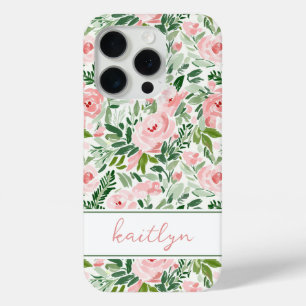 Coque iPhone 15 Pro Aquarelle Florale Élégante Rose Personnalisée