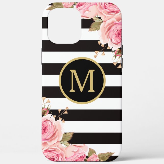 Coques Case-Mate iPhone Aquarelle Florale Nuances noir et blanc Monogramme (Verso)