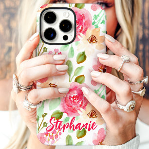 Coques iPhone 16 Pro Aquarelle Florale Rose Pêche Nom Personnalisé