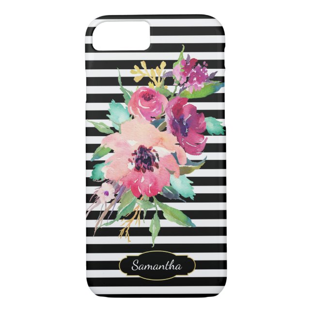 Coques Case-Mate iPhone Aquarelle Florale sur bandes avec Monogramme (Dos)