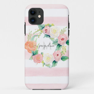 Case-Mate iPhone Case Aquarelle florale Wreath Pink White Stripe w Name