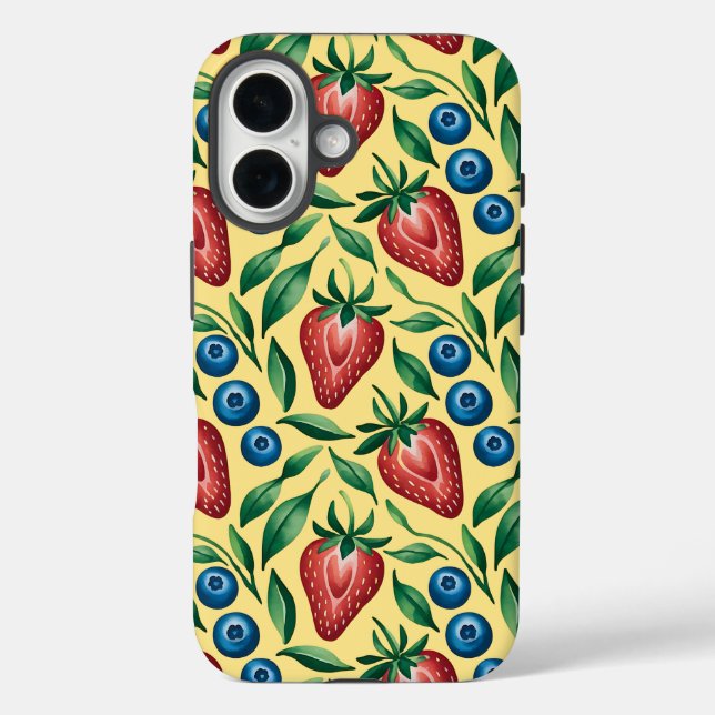 Coques Case-Mate iPhone Aquarelle fraise bleuet Motif sur jaune (Verso)