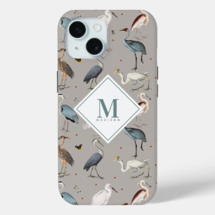 Coque Pour iPhone 15 Aquarelle Heron Bird Egret Nature Monogramme