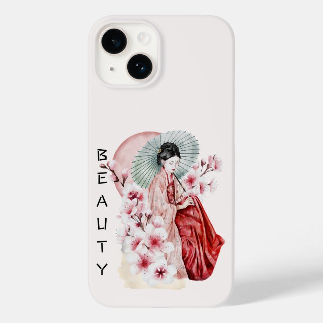Coques Case-Mate iPhone Aquarelle japonaise de Geisha avec Kimono et Sakur (Verso)