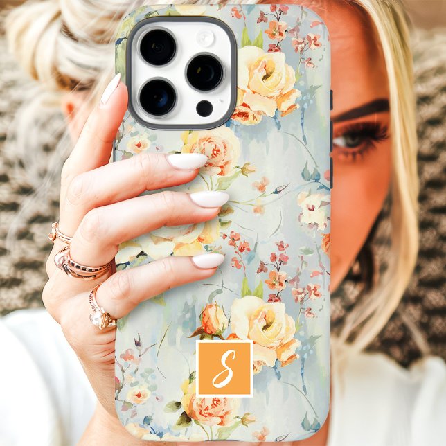 Coques Case-Mate iPhone Aquarelle jaune et Pêche Monogramme floral (Créateur téléchargé)