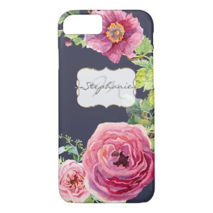 Coque Case-Mate Pour iPhone Aquarelle Marine bleu n rose Peony Rose Faux Gold