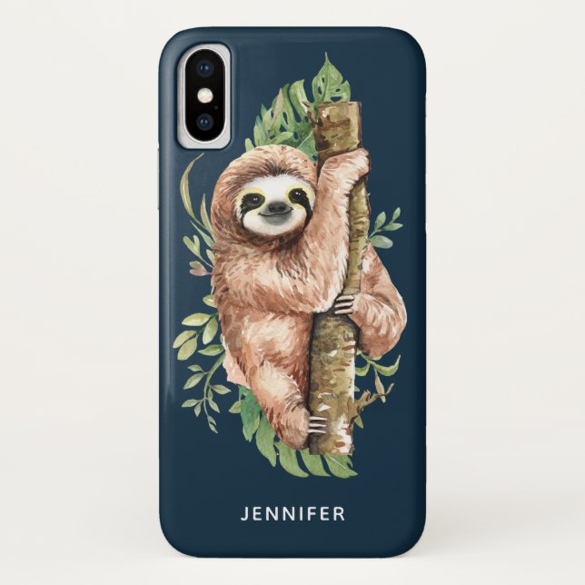 Coques Case-Mate iPhone Aquarelle mignonne Sloth & Feuilles tropicaux (Dos)