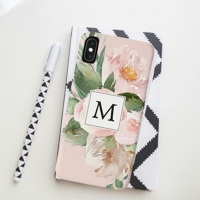 Coques Case-Mate iPhone Aquarelle moderne Fleurs roses Monogrammes (Créateur téléchargé)