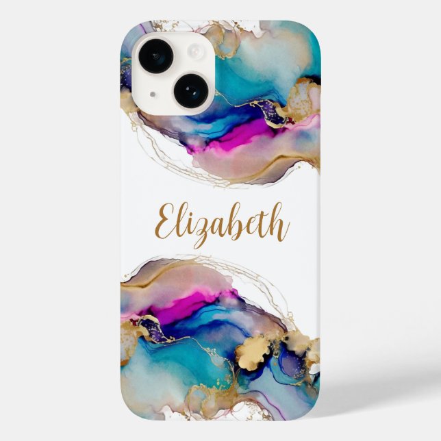Coques Case-Mate iPhone Aquarelle Monogram Purple Blue Gold Wash Abstrait (Verso)