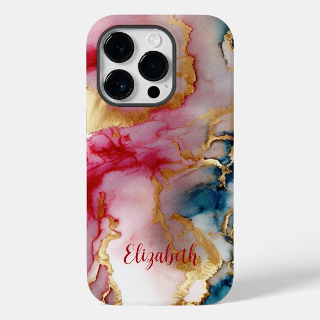 Coques Case-Mate iPhone Aquarelle Monogramme bleu rose or brillant (Verso)