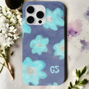 Coque iPhone 15 Pro Max Aquarelle monogramme floral mignon bleu fleurs sau