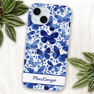 Coque Pour iPhone 15 Aquarelle papillon bleu personnalisé