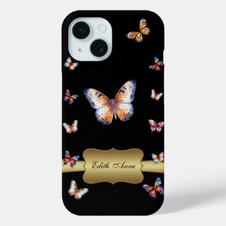 Coque Pour iPhone 15 Aquarelle Papillon Or Monogramme personnalisé
