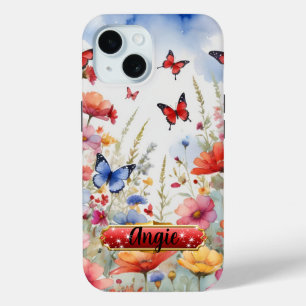 Coque Pour iPhone 15 Aquarelle Papillons rouges et bleus et fleurs