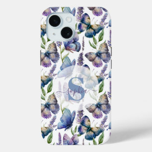 Coque Pour iPhone 15 Aquarelle Papillons Wisteria Flower Monogramme