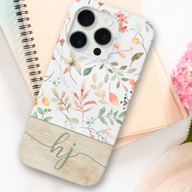 Coques Case-Mate iPhone Aquarelle personnalisée Cute Monogramme en bois fl (Créateur téléchargé)