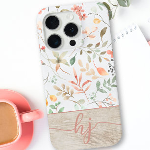 Coque iPhone 15 Pro Aquarelle personnalisée Cute Monogramme en bois fl
