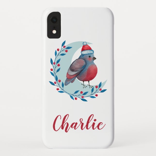 Coques Case-Mate iPhone Aquarelle personnalisée Oiseau de Noël sur la lune (Dos)