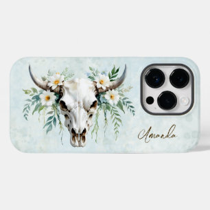 Coque Pour iPhone 14 Pro Aquarelle romantique Boho Floral Vache Crâne