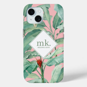 Coque Pour iPhone 15 Aquarelle rose banane tropicale Feuilles Monogramm