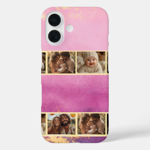 Coque Pour iPhone 16 Aquarelle rose et photo or