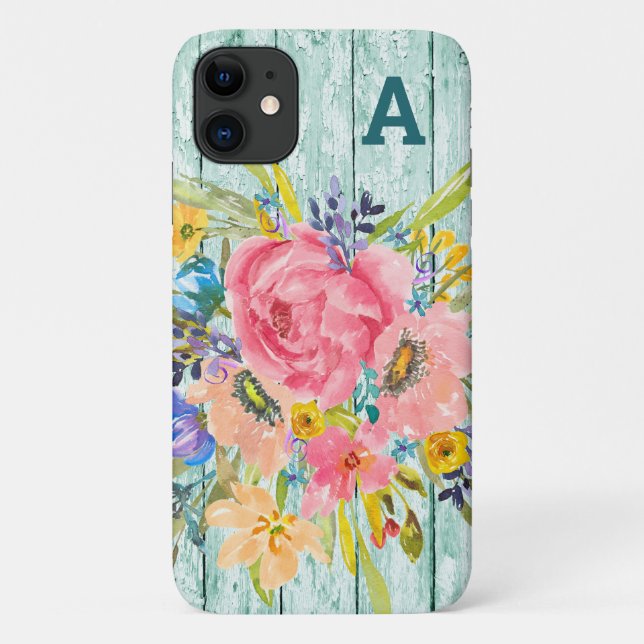 Coques Case-Mate iPhone Aquarelle Rose Floral Spray avec initial (Dos)