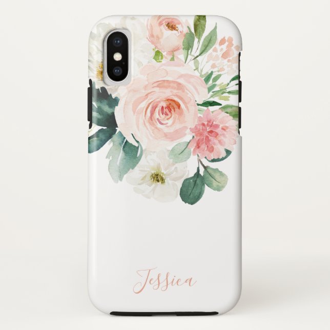 Coques Case-Mate iPhone Aquarelle rose pâle Floral avec nom (Dos)