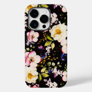 Coque Pour iPhone 14 Pro Aquarelle rose Roses Jaunes Arrière - plan noir
