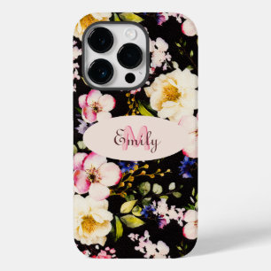 Coque Pour iPhone 14 Pro Aquarelle rose Roses jaunes sur noir, Monogramme