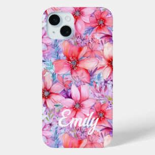 Coque iPhone 15 Mini Aquarelle rose violet Floral Nom personnalisé