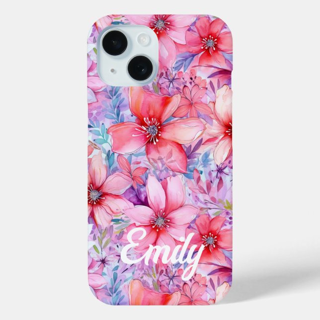 Coques Case-Mate iPhone Aquarelle rose violet Floral Nom personnalisé (Verso)