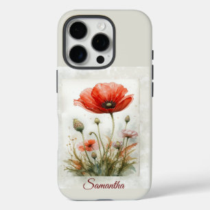 Coques iPhone 16 Pro Aquarelle Rouge Pavot Jardin Fleurs Nom Personnali