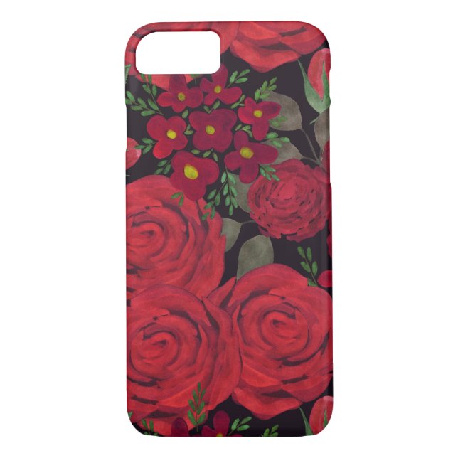 Coques Case-Mate iPhone Aquarelle rouge roses sur le noir, (Dos)