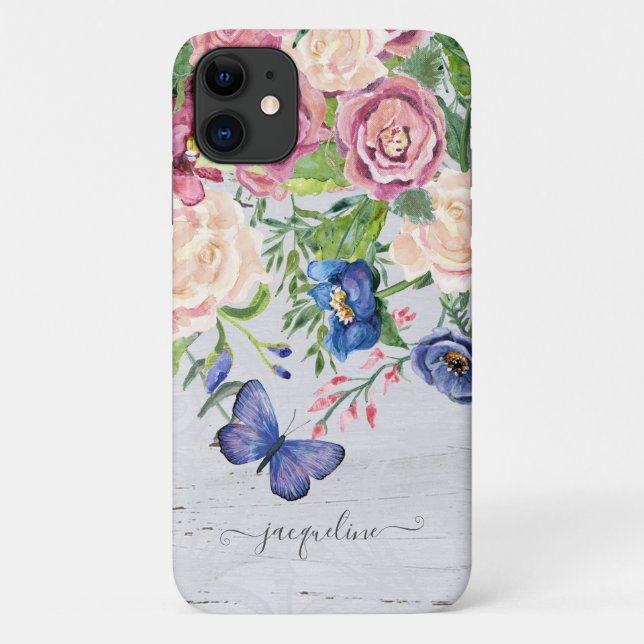 Coques Case-Mate iPhone Aquarelle Rustique Floral avec Script papillon en  (Dos)