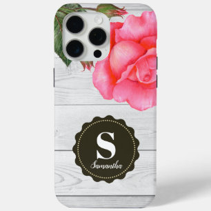 Coque iPhone 15 Pro Max Aquarelle rustique Roses rose Gris Bois Texture