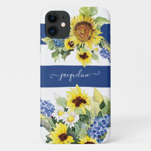 Case-Mate iPhone Case Aquarelle Tournesol Floral bleu n blanc rayé