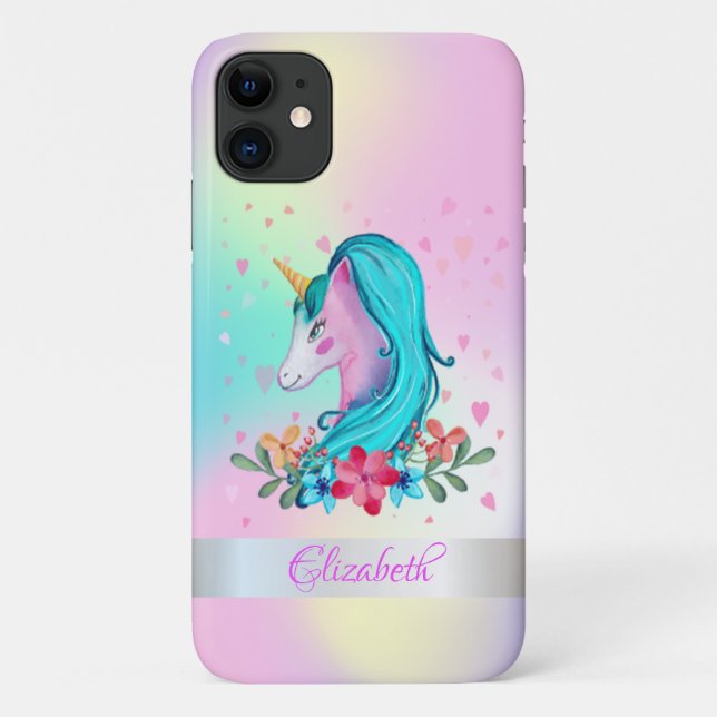 Coques Case-Mate iPhone Aquarelle Unicorne, Fleurs, Coeurs, Holographique (Dos)