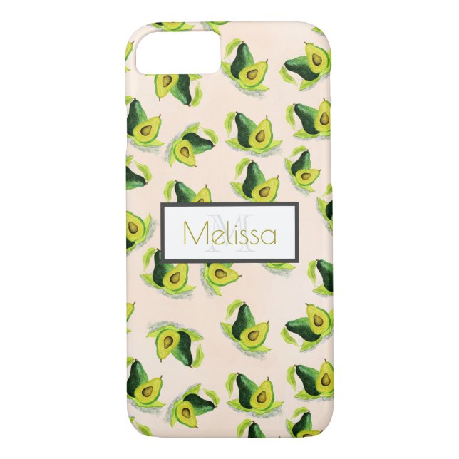 Coques Case-Mate iPhone Aquarelle vert Avocados Motif avec monogramme (Dos)