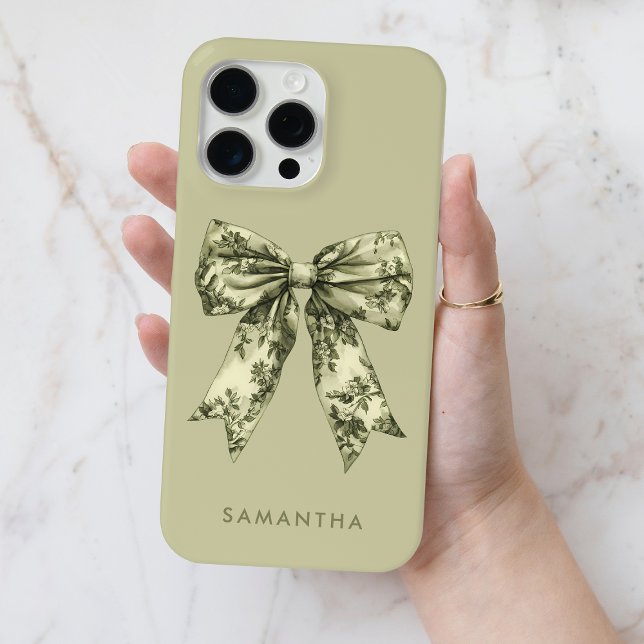 Coques Case-Mate iPhone Aquarelle vert mignon Coquette Toile Bow avec nom (Cute Green Watercolor Coquette Toile Bow with Name Case-Mate iPhone Case)