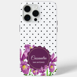 Coque iPhone 15 Pro Max Aquarelle violet Iris noir blanc Pois