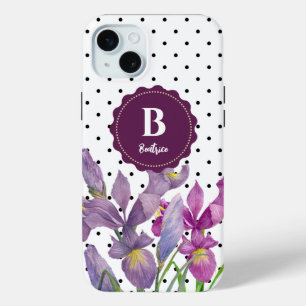 Coque iPhone 15 Mini Aquarelle violet Iris noir blanc Pois