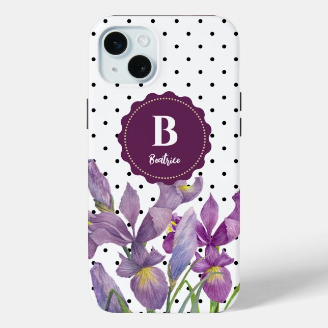 Coques Case-Mate iPhone Aquarelle violet Iris noir blanc Pois (Verso)