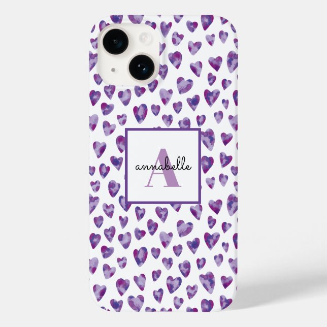 Coques Case-Mate iPhone Aquarelle violette Amour Coeur Monogramme (Verso)