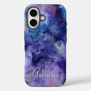 Coque Pour iPhone 16 Aquarelle violette et bleu Galaxy