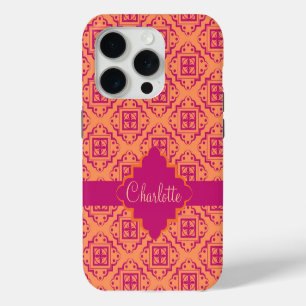 Coque iPhone 15 Pro Arabesque Marocain Orange Magenta Nom Personnalise