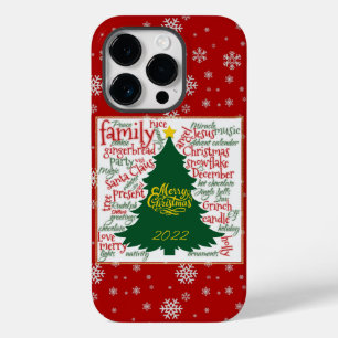 Coque Pour iPhone 14 Pro Arbre de Noël avec mots de Noël & flocons de neige
